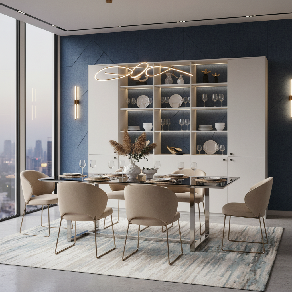Find Modern Glass Top 6-Seater Dining Room with Crockery Unit - PureSpace