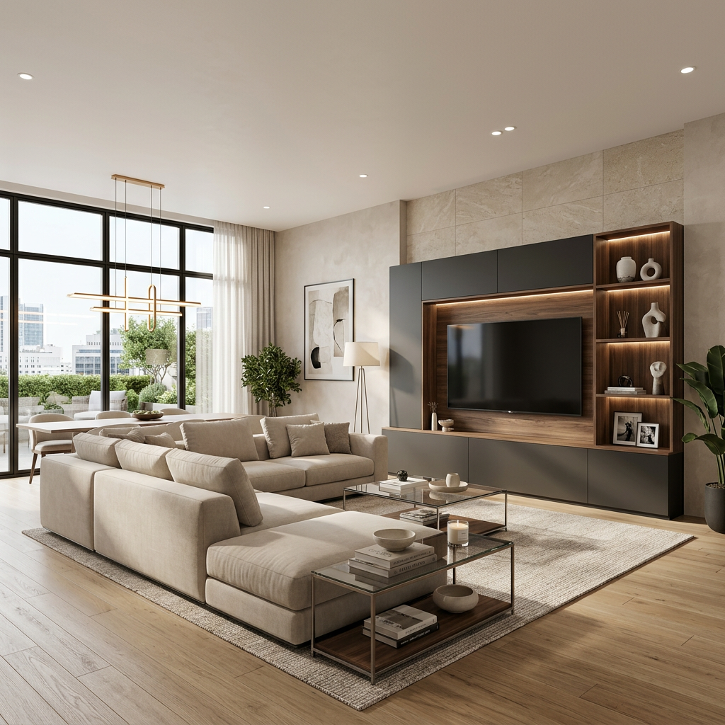 Find Modern Living Room with TV Unit and Sectional Sofa - PureSpace