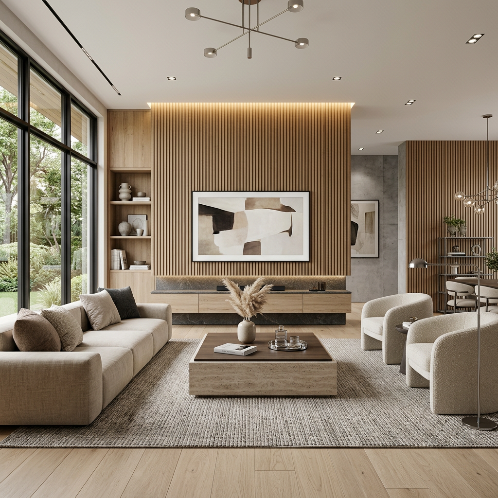 Find Modern Living Room with Wooden Fluted Panels - PureSpace