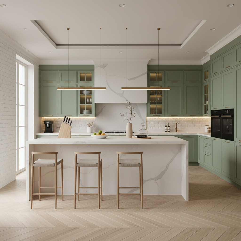 Find Sage Green Modern U-Shaped Kitchen Design with Matte Laminate ...