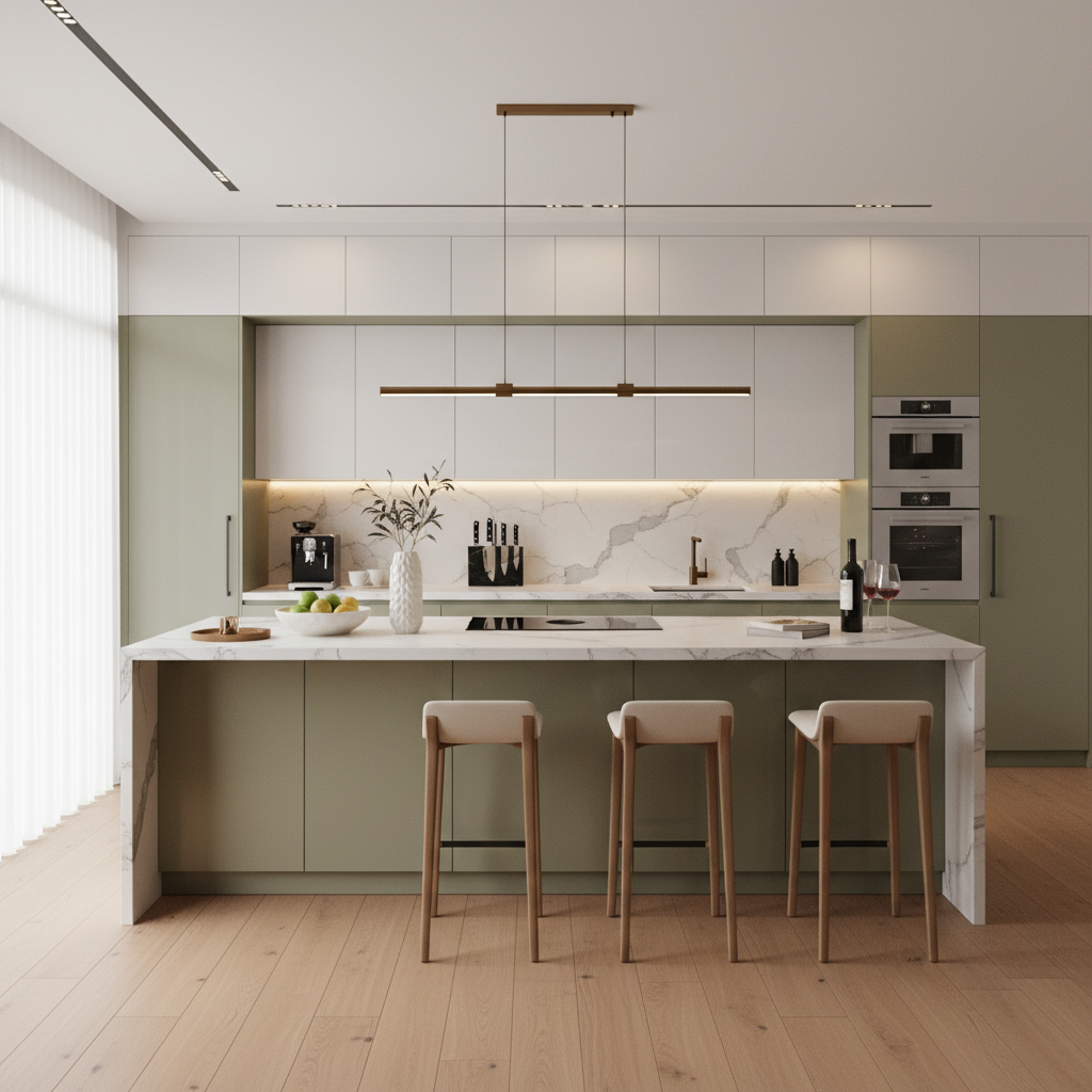 Find Salvia Burro and Bright White Modern Open Kitchen Design with High ...