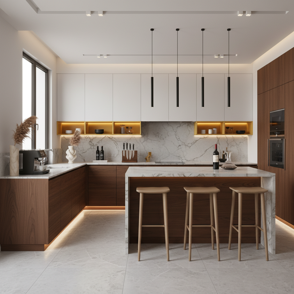 Find Walnut and White Contemporary L-Shaped Kitchen Design with Matte ...