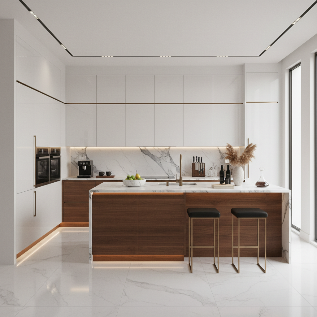 Find White & Walnut Contemporary L-Shaped Kitchen Design with High ...